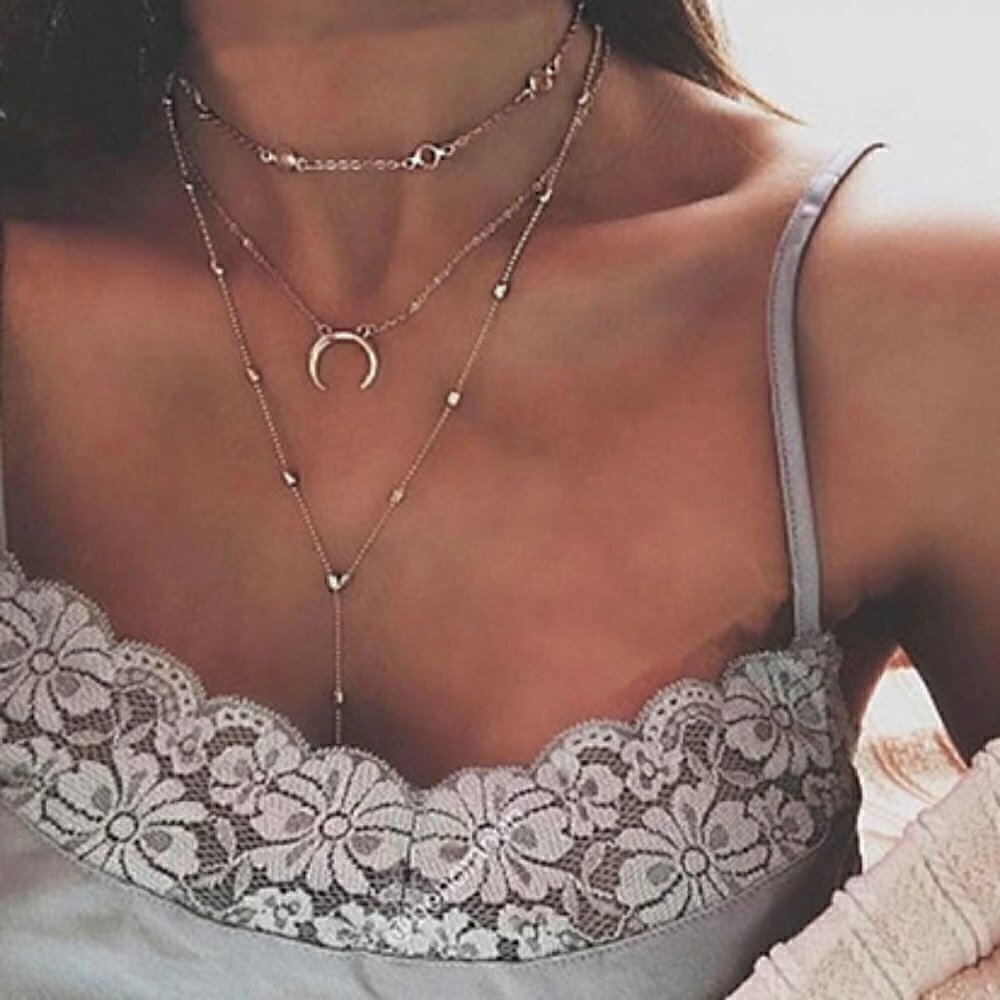 Boho multillayer moon crystal necklace jewelry